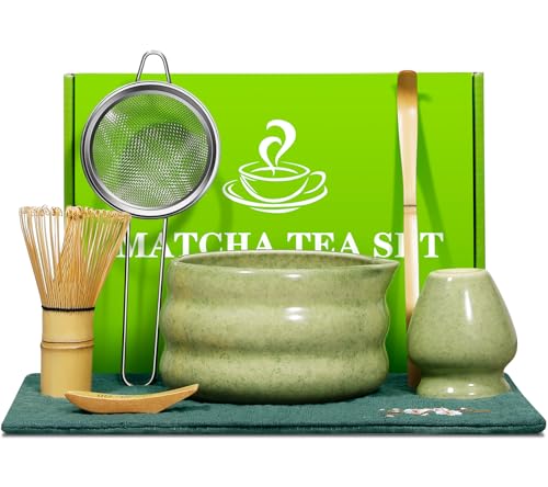 Matcha Set 7-teilig, Japanisches Macha Tea Set –Schale mit Ausguss, Bambusbesen, Chasen-Halter, Löffel, Löffelablage, Si...