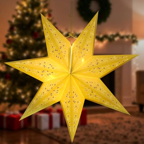Image of LIOOBO Paper Star Lantern Lampshade Star Light Cover Garland Lantern Pendant Xmas Tree Topper for Christmas New Year Birthday Wedding Home Party Dercor Indoor and Outdoor 17.7 Inch