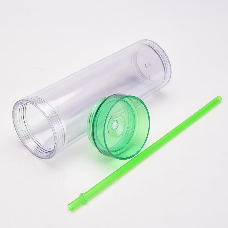Vista 5 de Vaso de plástico con popote de doble pared con aislamiento de acrílico delgado con popote y tapa, 16 onzas, vaso de agua de moda delgado de doble