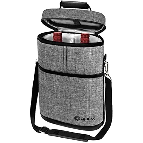 OPUX 2 Bottle Wine Carrier Tote, Insulated Leakproof Wine Cooler Bag, Wine Travel Bag for Picnic BYOB Beach, Portable Wine Bottle Carrying Case, Gift for Wine Lover Women Men Christmas, Heather Grey Cover