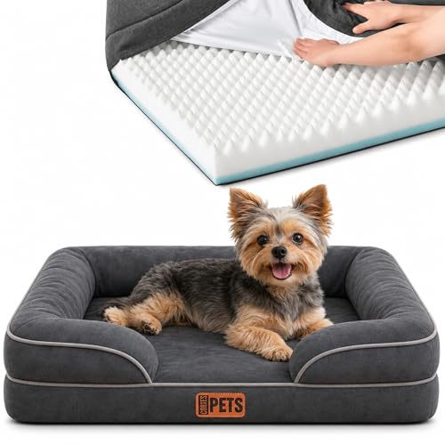 CORTES PETS Cama Ortopédica para Perros Pequeños - con Espuma Viscoelástica, 2 cm de Gel Refrigerante, Impermeable y Base Antideslizante - Sofá para Perro Pequeño - Gris - 61 x 48 cm