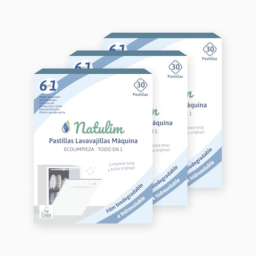 Natulim Pastillas de Lavavajillas 90 Usos - Biodegradables e Hidrosolubles 6 en 1 - Limpieza Profunda, Abrillantador, Función Sal, Protección Cristal, Descalcificador, Efecto Secado Extra - 3 Pack