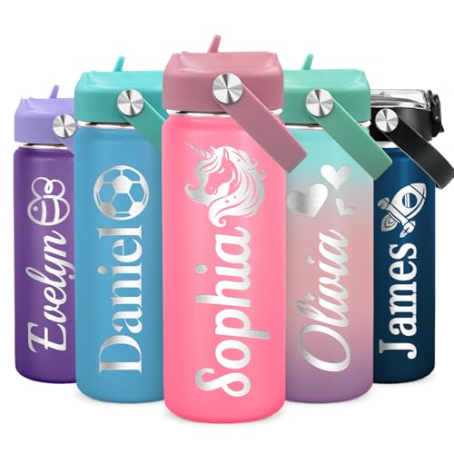 Cusmycra Made in USA - Personalized Kids Water Bottle with Name for School - Custom 18oz Water Bottle with Straw Lid Stainless Steel w/Engraved Names - Personalized Gifts for Kids Boys Girls