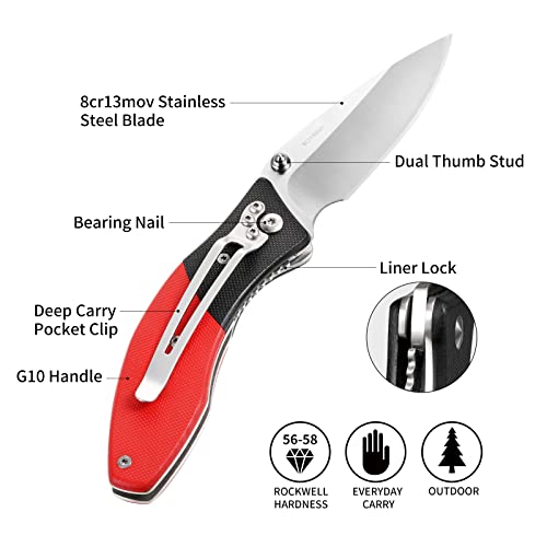 Folding Pocket Knife 3" 8Cr13Mov Blade, Black And Red G10 Handle, Safety Liner Lock, Belt Clip, Perfect For Camping, Hunting, And Everyday Carry, Your Outdoor Gear #TOP1