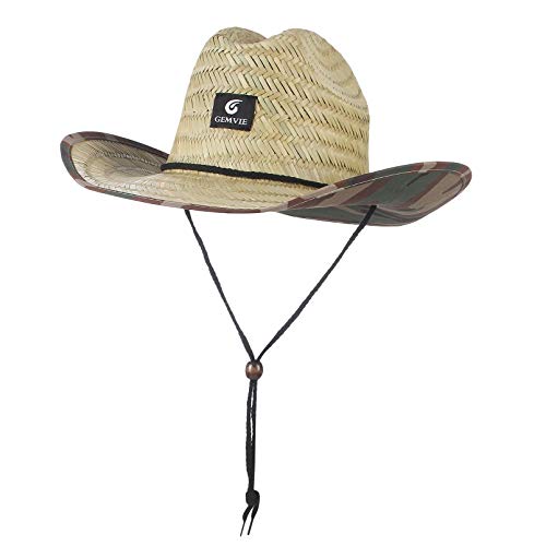 Gemvie Women Mens Western Cowboy Straw Hat Printed Roll Brim Straw Sun Hat Beach Straw Lifeguard Hat For Fishing/Outdoor Camouflage #TOP2