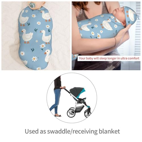 Image of Cute White Geese Swaddle Blanket with Beanie Hat Set - Soft Baby Receiving Blankets and Swaddle Blankets for Newborn Boys and Girls