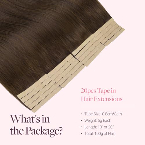 Image of GOO GOO Tape In Weft Hair Extensions Human Hair, 4A Chocolate Brown, 8cm Wide Tape, 14inch 20pcs 100g, Tape Weft Hair Extensions, Seamless Tape in