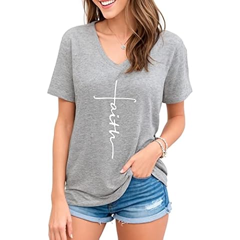 Mom's care Women Cross Faith Printed V-Neck Tees Letter Print T-Shirt Christian Graphic Tees (Grey Vneck,M) Cover