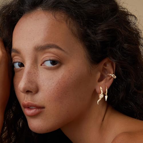 FETTERO Hoop Earrings for Women, 14K Gold Plated Lightweight Huggie Leaf Snake Bar Gold Hoops, Hypoallergenic Gold Earrings for Women Ear Piercing Jewelry
