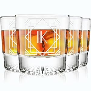 Greenline Goods – Monogram Art Deco Etched Letter K Whiskey Glass Perfect for Bourbon, Scotch, Liquor, Cocktail – Crystal Whiskey Glasses Set of 4 – Best Tasting Experience with Vintage Rocks Glasses