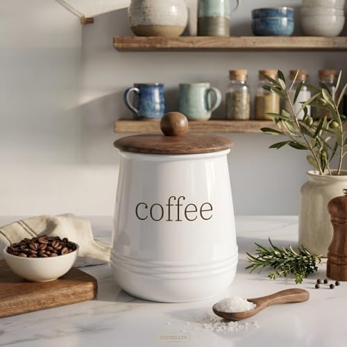 Image of Stylish Airtight Container for Kitchen, Coffee Storage, White, Metal with Wooden Lid & Spoon, 1000ml, Canister for Kitchen Counter top | Food-Safe Jar Set (Coffee)