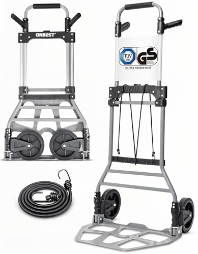 ONBEST Sackkarre klappbar 150kg Geprüfte Qualität Vollgummireifen 110cm Griff große Ladefläche Faltbare Transportkarre/Trolley mit Rollen inkl. 150cm Gurt Umzugshelfer & Transporthilfe
