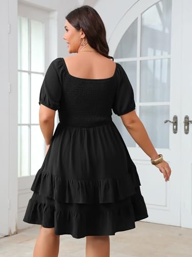Womens Plus Size Summer Dresses Tiered Square Neck Short Sleeve Smocked A Line Ruffle Layered Swing Short Mini Dress4