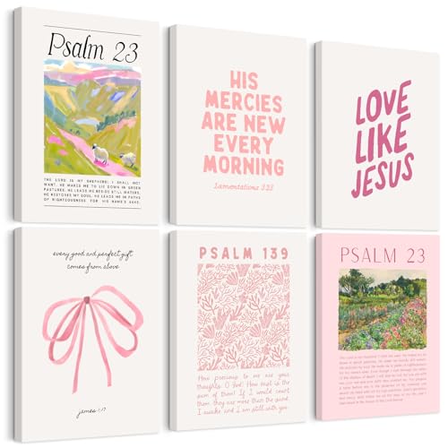 Pink Christian Wall Art Bible Verse Canvas Poster Floral Wall Decor Religious Pictures Girls Room Prints Scripture Poster Bundle Bow Artwork Trendy Preppy Painting for Bedroom 8x10 Inch Ready to Hang