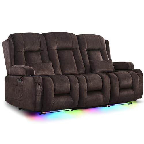 Image of URRED Power Loveseat Recliner Sofa with Massage and Heat, Wall Hugger Reclining Loveseat with Console, RV Couch Home Theater Seating with LED Lights for Living Room (Brown, 76.8 inch - 3 Seats)