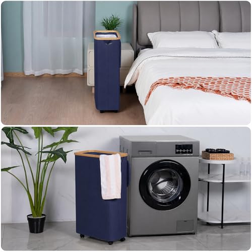 Image of efluky Slim Laundry Hamper with Wheels, Narrow Laundry Basket with Lid and Removable Bag, Aesthetic Dirty Clothes Hamper on Wheels for Laundry Room, Bedroom, Dorm and Bathroom, 75L Beige