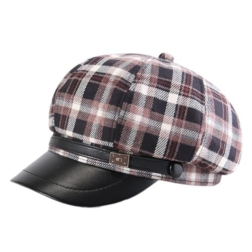 Casquette Gavroche vintage en cuir synthétique à carreaux pour femme