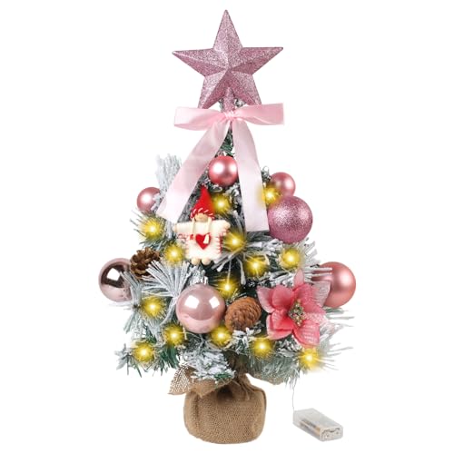 DUOJIN Árbol de Navidad Flocado con luz LED, 45 cm Mini árbol de Navidad Flocado pequeño árbol de Navidad Color Rosa Decoración de Navidad Suministros de Bricolaje para Mesa y Oficina