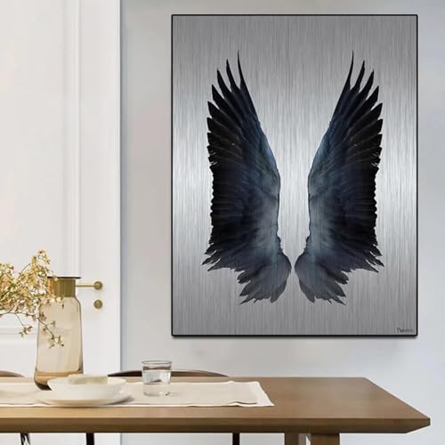 Peinture abstraite ailes noires, affiche plume et image murale salon 30x40cm