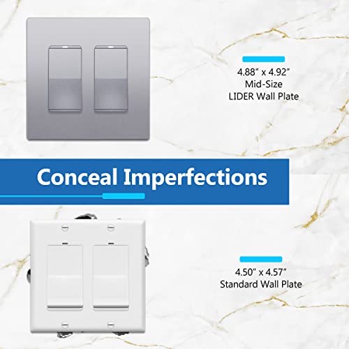 Image of LIDER Decorator Switch Cover, Screwless Wall Plate, Mid-Size 2-Gang 4.88 inch x 4.92 inch, LSWP-32M-SV, UL Listed, Thermoplastic, Matte Silver, 1-Pack