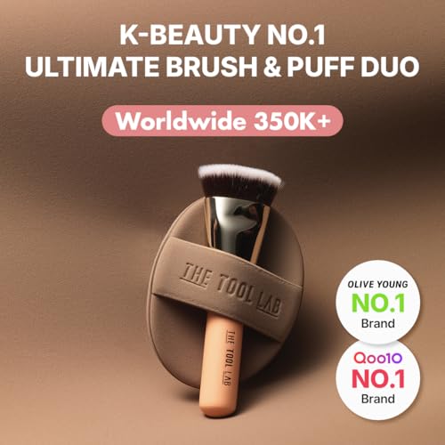 THE TOOL LAB All Day Fitting Duo (Glow type) - Premium Base Makeup Set for Liquid Cream Powder Foundation, Buffing Blending Face Brush, Sponge, Portable Case - 1.1" Flat Top Brush by THE TOOL LAB - Image 2