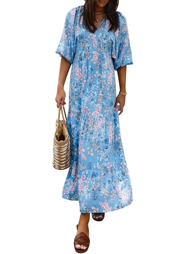 Image of miduo Womens Loose Fit Casual Summer V Neck Half Sleeve Bohemian Geometric Pattern Maxi Long Dresses
