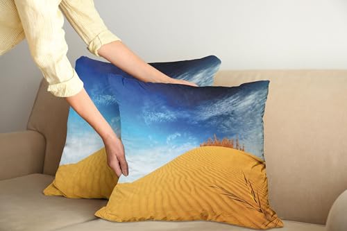 ABAKUHAUS Landschaft Kissenbezug 2er-Pack, Heiße Wüste mit Sanddünen und Trockenpflanzen blauem Himmel Natur Foto Muster, 45 x 45 cm, Blau und Aprikose
