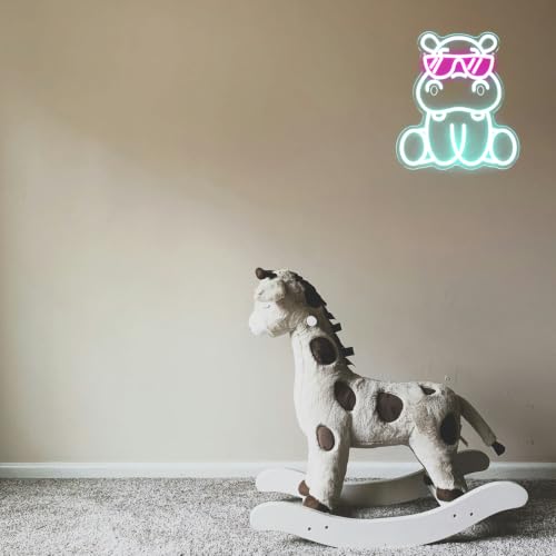 Image of Hippo with Pink Sunglasses Neon Sign Cute Animal LED Sign for Bedroom Decor