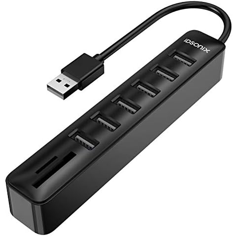 iDsonix USB Hub, 8 in 1 USB Data Hub with 6 USB ports and 2 SD&TF Card Reader Combo for Laptops, Tablets, PC, iMac, MacBook, Windows, Linux, SD, SDXC, TF cards, and More -15cm Black Cover