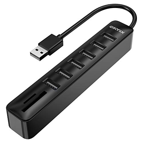 iDsonix USB Hub, 8 in 1 USB Data Hub with 6 USB Ports and 2 SD&TF Card Reader Combo for Laptops, Tablets, PC, iMac, MacBook, Windows, Linux, SD, SDXC, TF Cards, and More -15cm Black