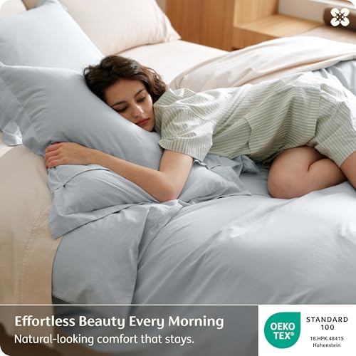 Image of Bedsure 100% Washed Cotton Duvet Cover Queen Size - Pastel Blue Minimalist Bedding Set Linen Like - PureWoven Plain Simple & Soft Comforter Cover for All Seasons (Pastel Blue, Queen, 90 inchx90 inch)