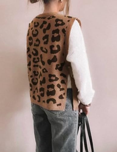 Image of Yeokou Women Leopard Print Sweater Vest Side Tie Knit Tank Tops Sleeveless Crew Neck Casual Fall Outfits(Camel-L)