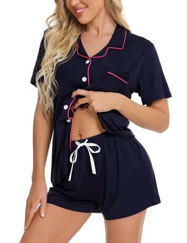SWOMOG Womens Button Down Pyjamas Set Short Sleeve Sleepwear Bride Soft Pj Lounge Sets Navy Blue