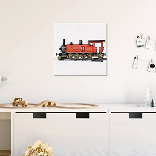 Watercolor Train Art Canvas Wall Art Transportation Steam Locomotive Painting Print Vehicles Canvas Framed Artwork Nursery Wall Decor For Home Bedroom Kids Playroom 12X12 Inch (Red) #TOP3