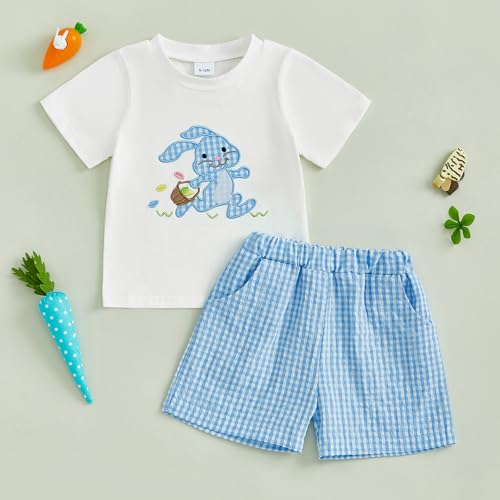 Image of Toddler Baby Boy Easter Rabbit Outfit Short Sleeve Bunny Carrot Smocked T-shirt Elastic Waist Shorts Summer Clothes