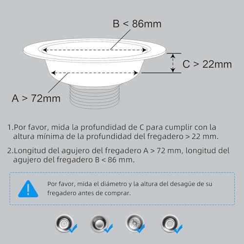 Miniatura 7 de Hibbent Tapón Para Fregadero, Colador De Fregadero De Cocina, Tapón Y Colador De Acero Inoxidable, Antiatascos, Y Evita Los Olores, Profundidad 22 Mm