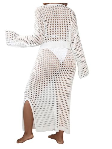 GORGLITTER Women's Plus Size 2 Piece Crochet Cover Ups Long Sleeve Knitted Hollow Out Skirt Set Beachwear2