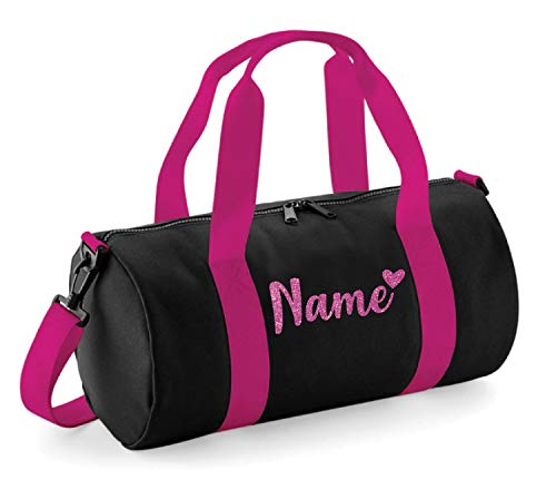 beyondsome Personalised School Barrel Bag Childrens Girls Glitter Any Name PE Gym Kit Gift, Black and Fuchsia/Pink Glitter Print