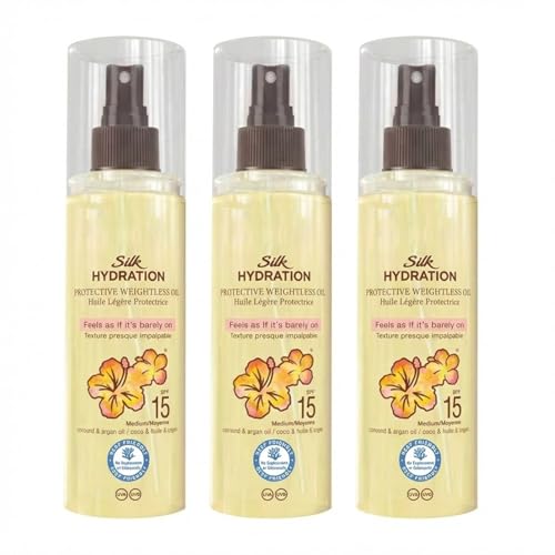 Hawa-Iian Tropic Silk Hydration, Dry Oil Mist Spray, Protective Weightless Oil, Lightweight Sunscreen, Non-Greasy, UVA & UVB Protection, SPF-15, 150ml (3 Pcs)