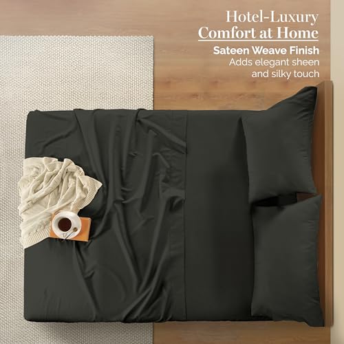 Casa Platino 100% Egyptian Cotton Sheets Twin XL Size Set - 4 Pcs (1 Flat, 1 Fitted, 2 Pillowcases)- Ultra Smooth Sateen Weave Bed Sheets Set with 15" Deep Pockets - Dark Grey