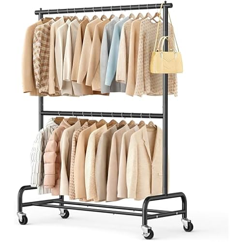 SLEEPING LAMB Heavy Duty Clothes Rack with Wheels, Metal Rolling Garment Rack for Hanging Coats, Shirts (Black)