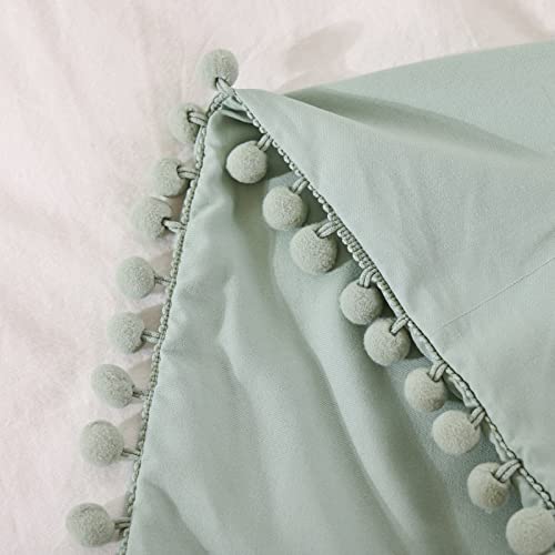 Smoofy Sage Green Comforter Set Twin Size Pom Fringe Boho Chic Cute Ball Pom Bedding Set Cali Soft Warm Vintage Lightweight Solid Comforter 2 Pieces (1 Pom Comforter, Only 1 Pillowcase) #TOP5
