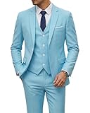 YND Men's 3 Piece Suit Set with Tie, 2 Button Slim Fit Solid Blazer Jacket Vest Pants, Business Wedding Party Suits for Men, Sky