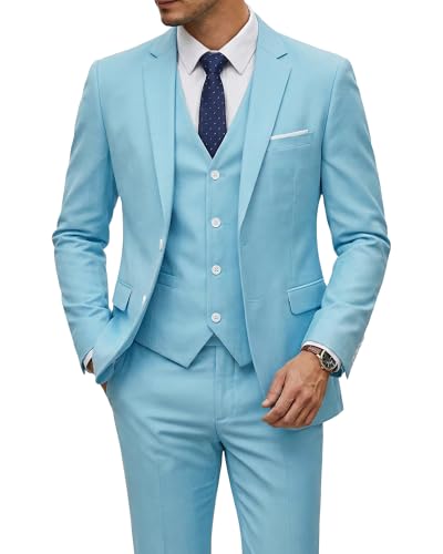 YND Men's 3 Piece Suit Set with Tie, 2 Button Slim Fit Solid Blazer Jacket Vest Pants, Business Wedding Party Suits for Men, Sky