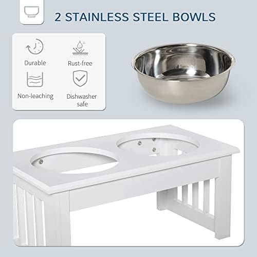 PawHut Stainless Steel Raised Dog Feeding Bowls With Stand Elevated Twin Pet Bowls Water Food Feeder White