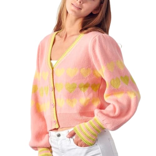 Image of Valentine's Day Cardigan Sweaters for Women Love Heart Print Button Down Cropped Cardigans Y2K Open Front Knit Sweater