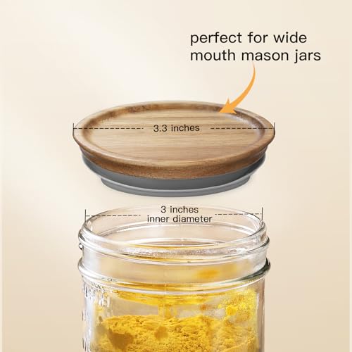 6-Pack Wide Mouth Wooden Mason Jar Lids for Ball/Mason Jars, Reusable Acacia Wood Mason Jar Lids with Airtight Silicone Seal Perfect for Dry Food Storage (Brown)