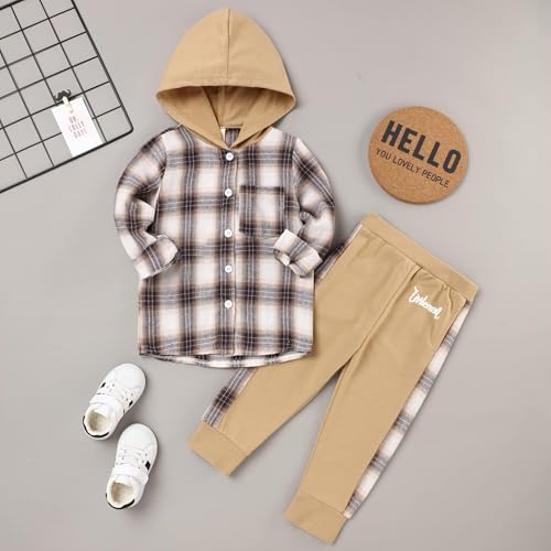 Image of Fuermos Toddler Baby Boys Clothes Flannel Lattice Button Down Hooded Tops +Pants Boys Fall Winter Outfits