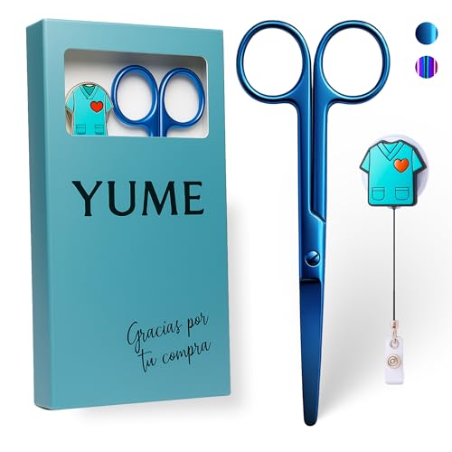 YUME Tijeras Enfermeria de Acero Inoxidable con Punta Roma Profesional + Llavero Retráctil de Regalo | Tijeras Mayo | Regalos Perfectos para Enfermeras | TCAE accesorios (color Azul)