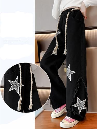 Girls Kids Cute Patterns Jeans Denim Heart Shape Pants Elastic Waist Wide Leg Stars Denim Pants Age 5-14 Years3
